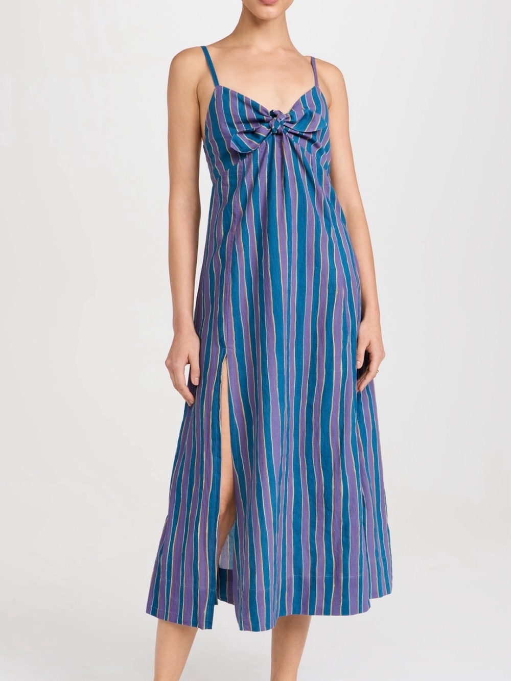 Natalie Martin Teal & Purple Striped Midi Dress with Front Tie